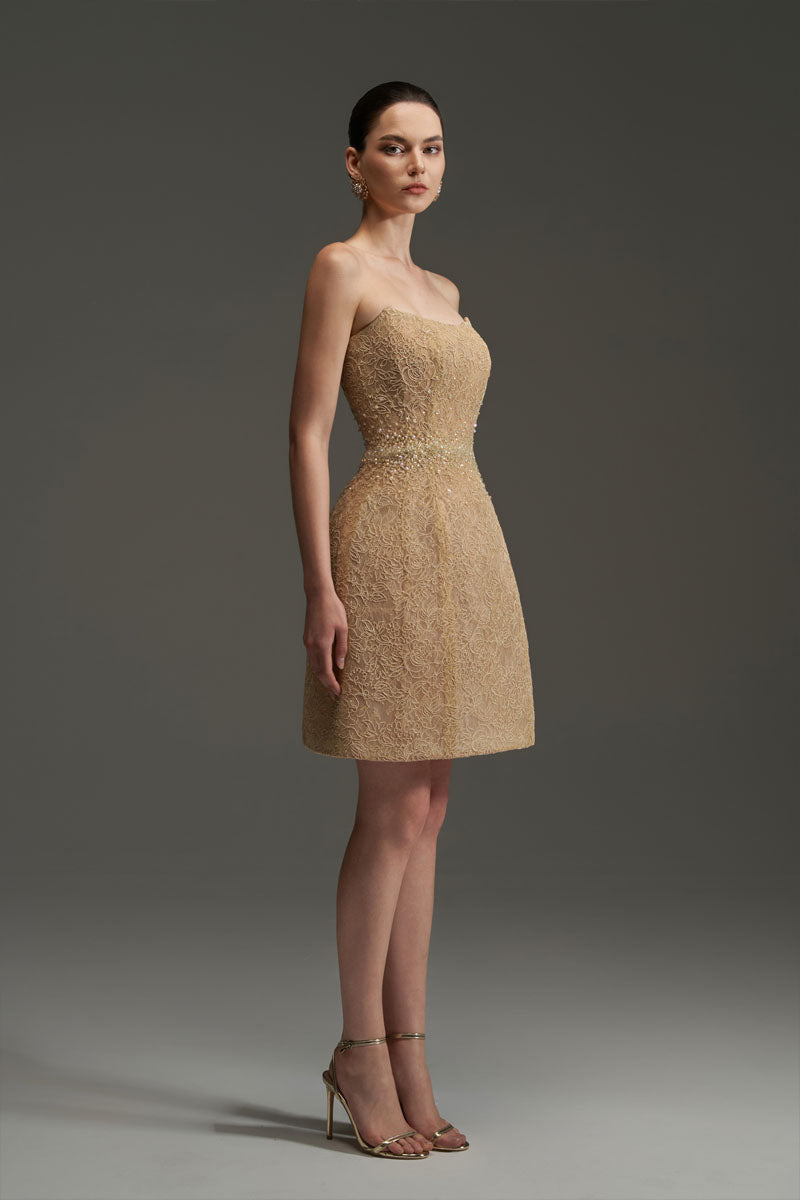 Beige Floral Mesh Lace Corset Bell-Shaped Dress with Crystal Waist Emb