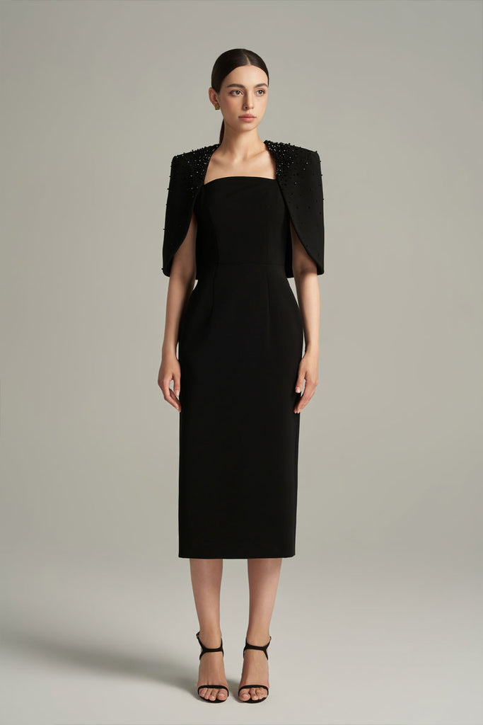 Column Midi Dress With Elbow-length Cape Sleeves