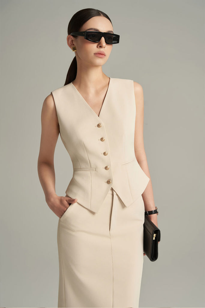 Donna Hourglass V-Neck Ivory Twill Waistcoat