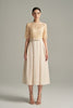 Short Sleeves Beige Lace n Silk Taffeta Midi Dress With Crystal Belt