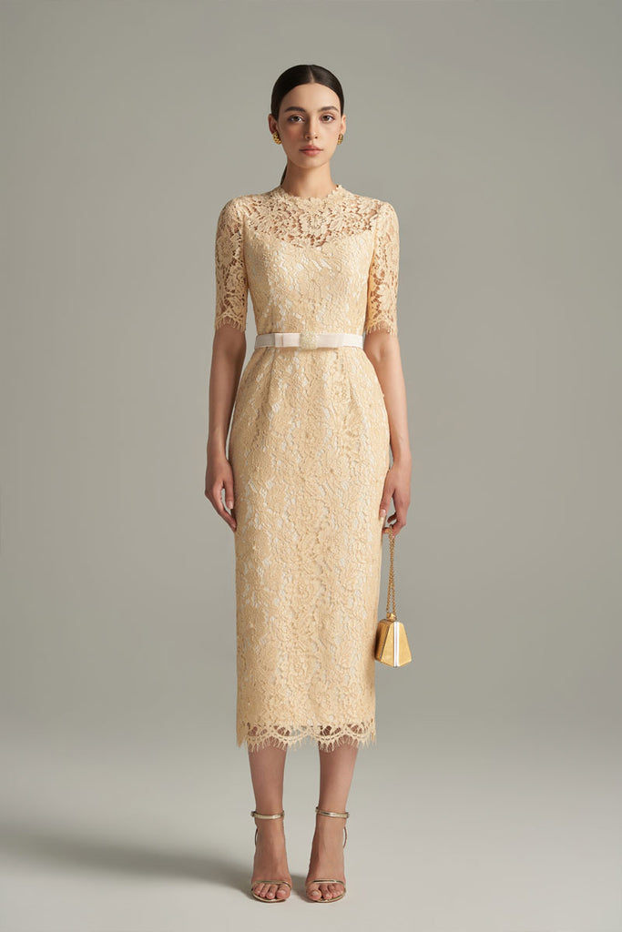 Short Sleeves Beige Lace Midi Dress With Crystal Belt
