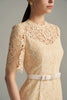 Short Sleeves Beige Lace Midi Dress With Crystal Belt