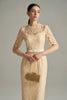 Short Sleeves Beige Lace Midi Dress With Crystal Belt