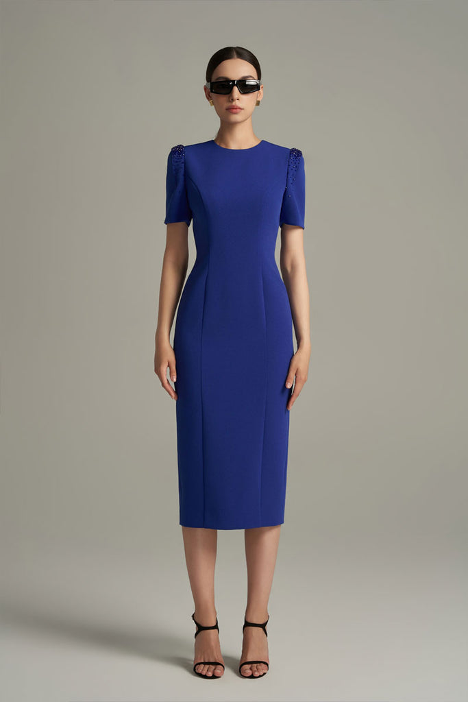 Short Sleeves Cobalt Scuba Midi Dress Shoulder With Crystal