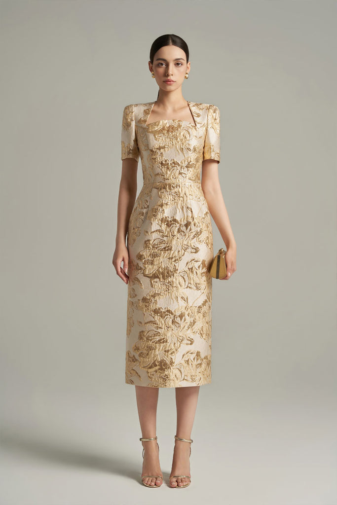 Trapeze Neck Floral Metallic Jacquard Bodycon Dress